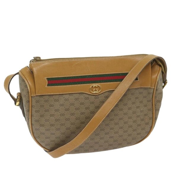GUCCI Micro GG Canvas Web Sherry Line Shoulder Bag PVC Beige Green Auth - Picture 1 of 15